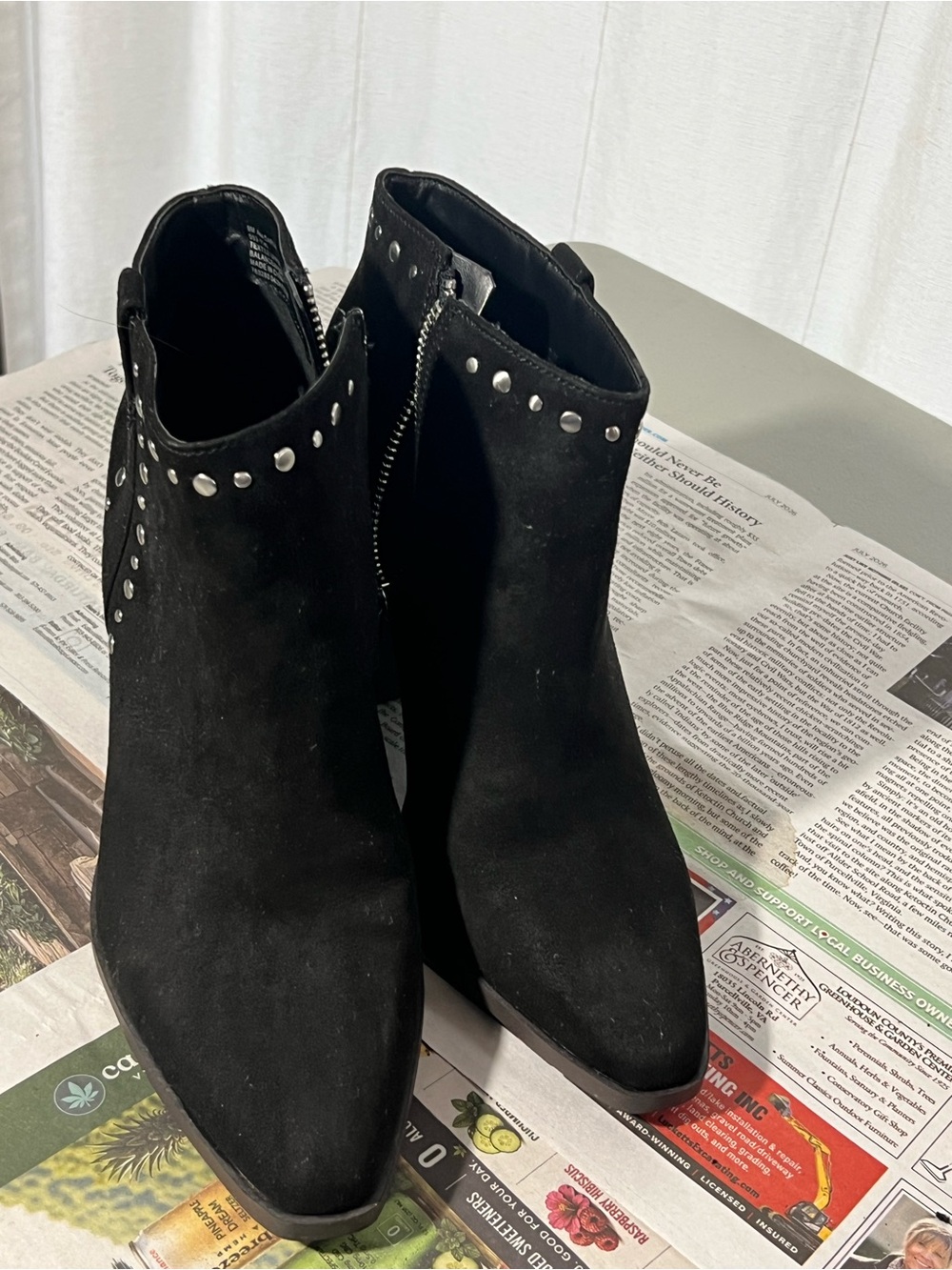 Black Stud-Trim Suede Ankle Booties with Side Zip